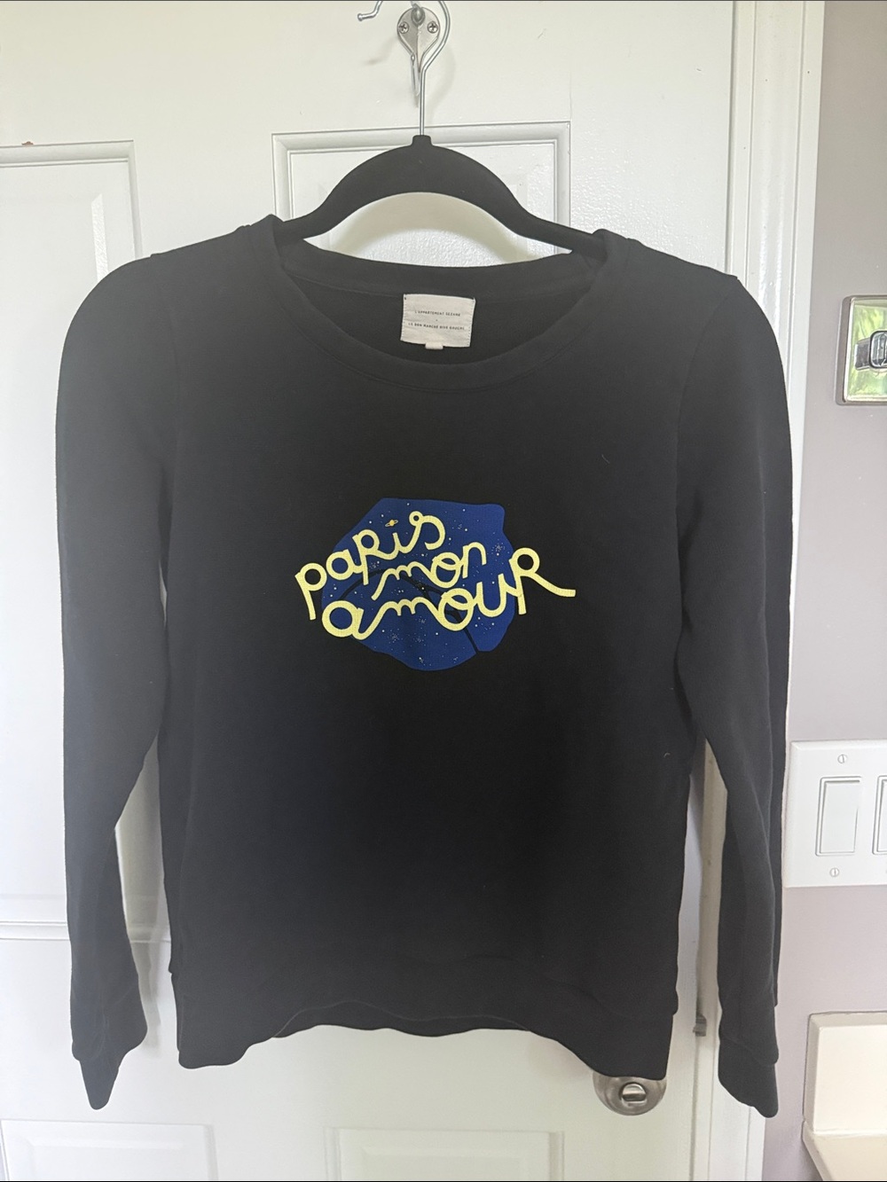 Sezane Graphic Terry Cotton Sweatshirt Long Sleeve Crewneck Paris Script Black